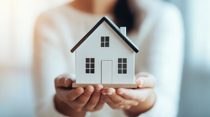 Smiling happy family holding a small house model symbolizing the achievement of mortgage approval and the start of a new financially secure chapter in their lives  This image conveys the joy optimism 