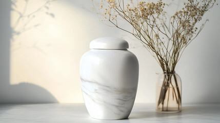 White marble urn with dried flowers in minimalist decor