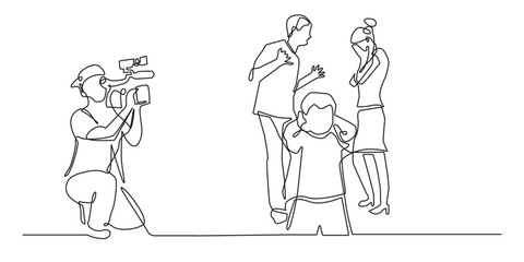 Obraz premium continuous line drawing of cinema film making process.one line drawing of cameraman taking video acting artist.single line vector illustration of film production.