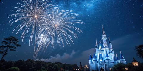 A whimsical fairytale castle illuminated against a backdrop of sparkling fireworks and a starry night sky