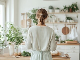 Woman In Kitchen: A solitary woman stands in a bright, airy kitchen, her back turned to the camera, amidst lush greenery. She is preparing a meal, creating a sense of peace and tranquility.  