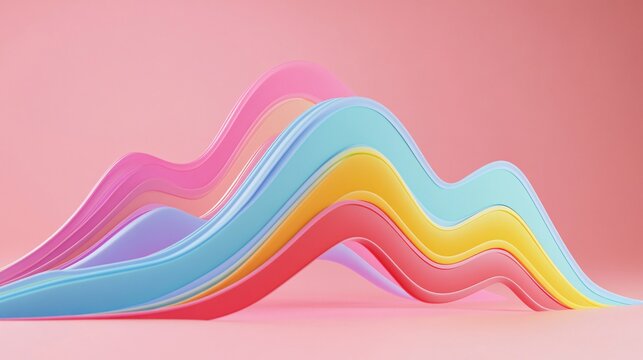 Colorful 3D Clay Style Line Graph Render on a Soft Pink Background with Smooth Flowing Curves and Dynamic Shapes for Creative and Visual Presentation