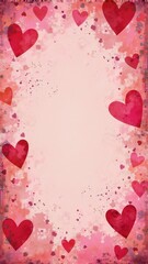 A vintage, grunge-inspired colorful and pink collage background adorned with hearts, perfect for a Valentine's Day theme, featuring different textures and shapes., vertical orientation.