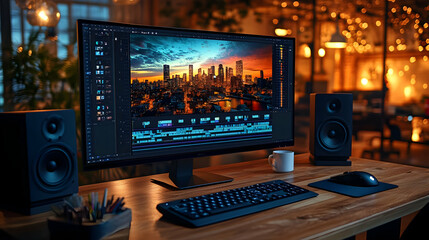 Computer Screen Editing Cityscape Illustration