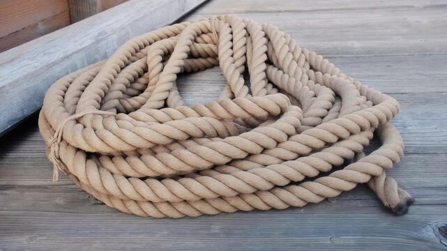 Thick weathered rope covered rolled in coil in daytime in the port.
