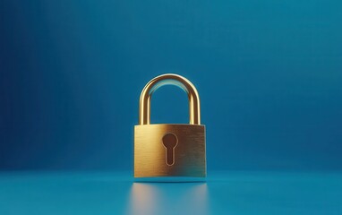 Fototapeta premium A high-resolution stock photo of a golden padlock on a blue background, captured from the front view, with soft shadows and professional color grading, clean and sharp focus