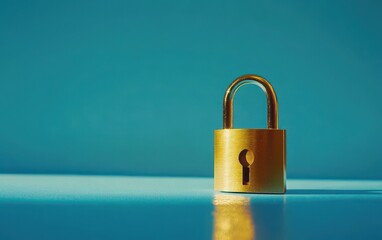 Fototapeta premium A high-resolution stock photo of a golden padlock on a blue background, captured from the front view, with soft shadows and professional color grading, clean and sharp focus