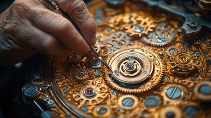 Skilled hands meticulously work on intricate clock gears, highlighting craftsmanship, precision, and the art of timepiece restoration.