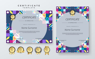 Modern Certificate of Appreciation Template with Colorful Geometric Design. Simple certificate template featuring vibrant geometric patterns. Ideal for awards, achievements, and recognition events