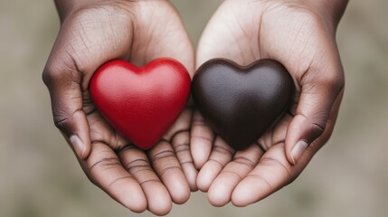 Fototapeta premium Multiracial hands gently holding hearts in warm tones symbolizing love acceptance and cross cultural unity A powerful image representing diversity empathy and the strength of human connection 