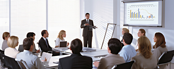 Business team collaborates during important meeting in modern conference room in city