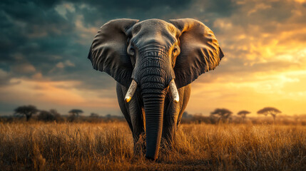 Fototapeta premium Majestic elephant walking through golden grasslands at sunset in the African savanna