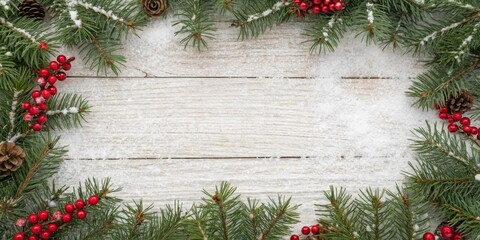 Snow-Covered Evergreen Branches Bordering a Rustic White Wooden Background with Red Berries and Pine Cones