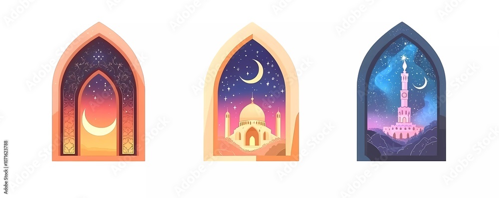 Fototapete Vector flat illustration set of Ramadan Kareem, featuring a mosque window with a night sky and crescent moon in a boho style on a white background. 