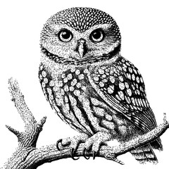 Intricate Stippled Dotwork Owl Illustration on Branch with clipping path.