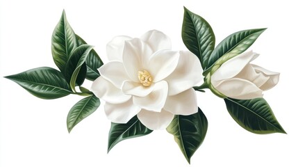 Fototapeta premium White Gardenia Flower with Green Leaves