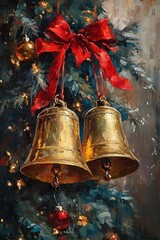 Vintage oil painting of two golden bells with a red ribbon, hanging on a Christmas tree.