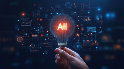 A hand turning on an AI light bulb with icons, Technology glowing light bulb