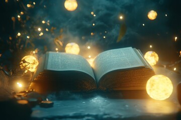 Naklejka premium An open book illuminated by glowing orbs.