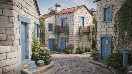 Naklejka premium An old stone Mediterranean village with narrow cobbled streets and white houses with blue doors and windows. The roofs of the houses are covered with red tiles.