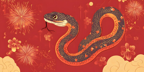 Fototapeta premium Gorgeous and luxurious Chinese Year of the Snake hand-painted artwork, illustration, wallpaper, commercial poster, poster, background, Chinese New Year, snake, year of the snake, 2025, zodiac，gold