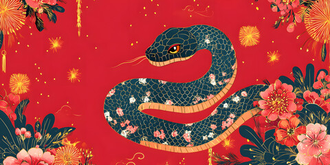 Obraz premium Gorgeous and luxurious Chinese Year of the Snake hand-painted artwork, illustration, wallpaper, commercial poster, poster, background, Chinese New Year, snake, year of the snake, 2025, zodiac，gold