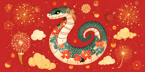Obraz premium Gorgeous and luxurious Chinese Year of the Snake hand-painted artwork, illustration, wallpaper, commercial poster, poster, background, Chinese New Year, snake, year of the snake, 2025, zodiac，gold