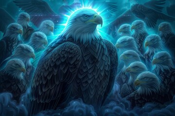 Obraz premium ai generated Illustration of a unique eagle standing out among many eagles with a glowing aura