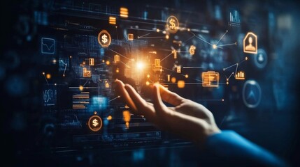 Person  hand touching virtual screen futuristic interface Online banking and digital