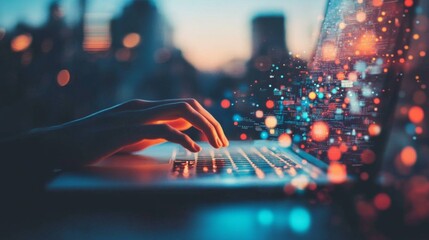 Person hand typing laptop keyboard is placed Digital technology, big data