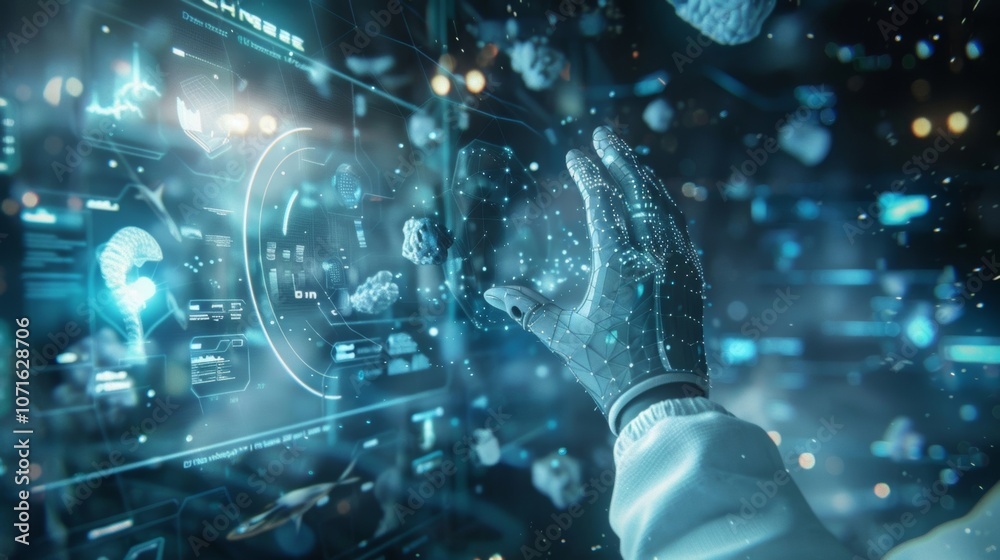 Poster scientist interacts with a holographic brain model in a high tech lab, analyzing complex data visual
