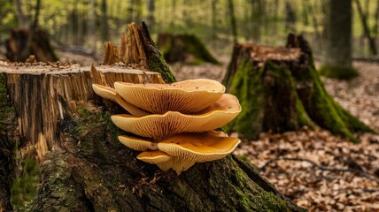 The mushroom "Scaly dryad mushroom" (Cerioporus squamosus), growing on a stump in the forest. The mushroom has a unique fan-shaped structure with a smooth orange surface.
