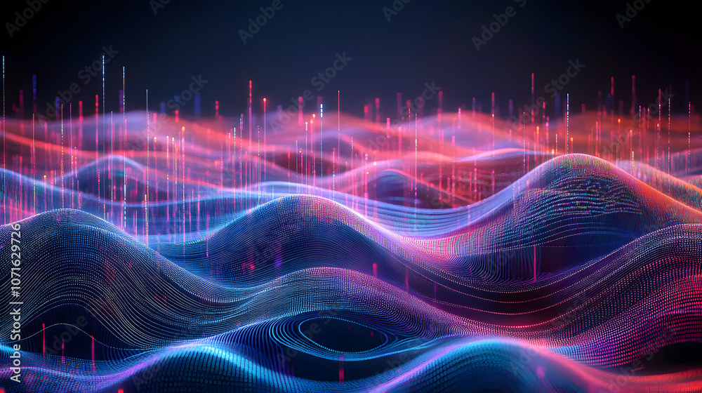 Poster abstract digital wave landscape with vibrant lines and dots representing data visualization and tech