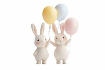 Fototapeta premium Cute white Easter bunny with colorful balloons, happy spring illustration with a playful rabbit, holiday cartoon design featuring a joyful bunny 