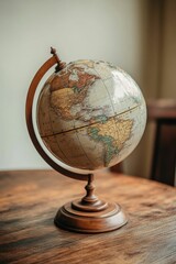 Vintage globe on wooden table.