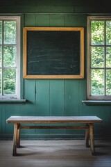 Fototapeta premium Old wooden bench in a room with windows and a