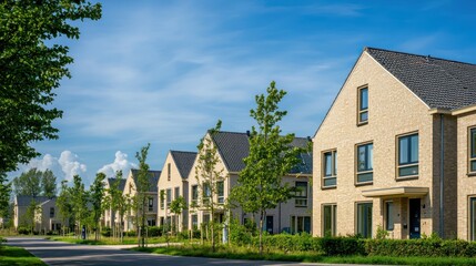 Stock image of Dutch neighborhood with beige bricks, green trees, blue sky.