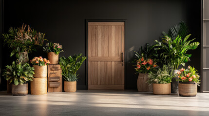 Fototapeta premium A stylish, modern entryway featuring an array of plants in decorative pots against a dark wall, creating a fresh and inviting atmosphere.