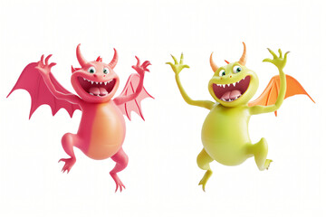 Fototapeta premium Cartoon devil and angel with red and white dragons, red and green dragons, cute monsters, fire, and holiday vibes in a fun, colorful Christmas illustration with smiles and love