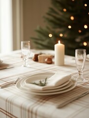 Elegant Classic Holiday Table Setup with Plaid Tablecloth Featuring Soft Candlelight and Festive Decor for a Warm Seasonal Gathering Atmosphere