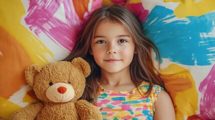 A young girl with long brown hair lies in bed with a teddy bear, her face illuminated by the soft light coming through the window.  Her smile conveys a sense of contentment and comfort.