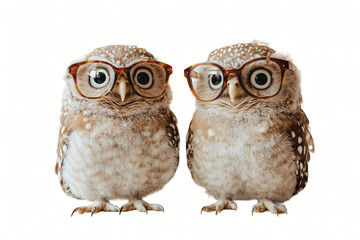 Fototapeta premium Two owls sitting on a branch in front of a white background, showcasing their feathers and intense eyes, highlighting their natural beauty as birds of prey