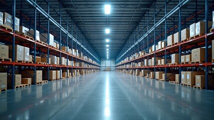 Fototapeta premium Interior of an industrial warehouse with LED lighting, serving as part of a storage and shipping system in a distribution and retail center.