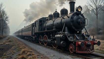 Obraz premium A vintage steam locomotive train chugs through a foggy landscape.
