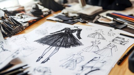 Fashion Sketches Displayed on a Wooden Table Surrounded by Design Elements and Creative Tools in a Spacious Studio Setting
