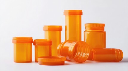 A group of empty orange pill bottles arranged in a row on a white surface.