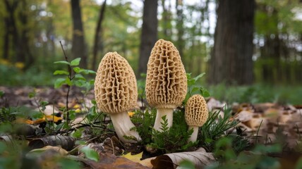 Morel mushroom (Morchella spp.), growing in nature. Mushroom caps are shaped like honeycombs and grow out of the ground among greenery. The forest is depicted in the background.