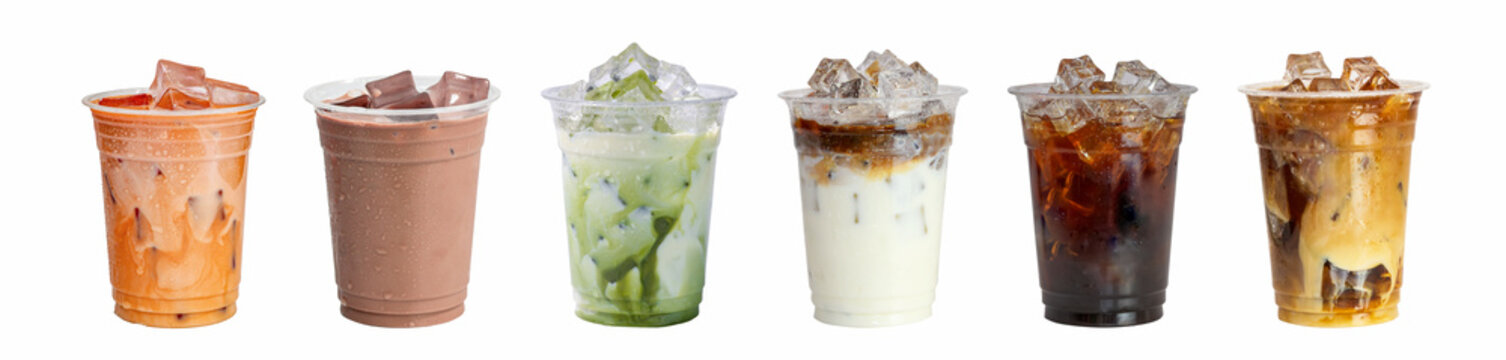 Set of asian cafe cold drink in transparent to go cup isolated on white background. Asian style Thai Summer cold drinks togo Thai iced tea, match latte, ice chocolate, ice coffee latte, Ice Americano.