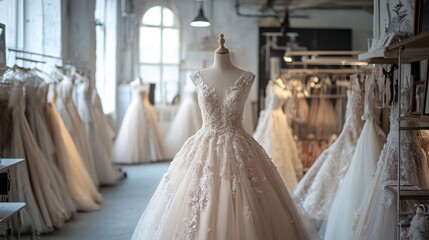 Elegant Bridal Atelier Showcasing Exquisite Wedding Dresses in Soft Lighting and Charming Atmosphere for Stylish Brides Seeking Haute Couture Options