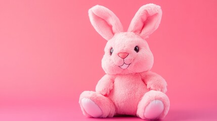 Fototapeta premium A pink plush bunny rabbit sits against a pink backdrop, ready for Easter or a child's playtime.